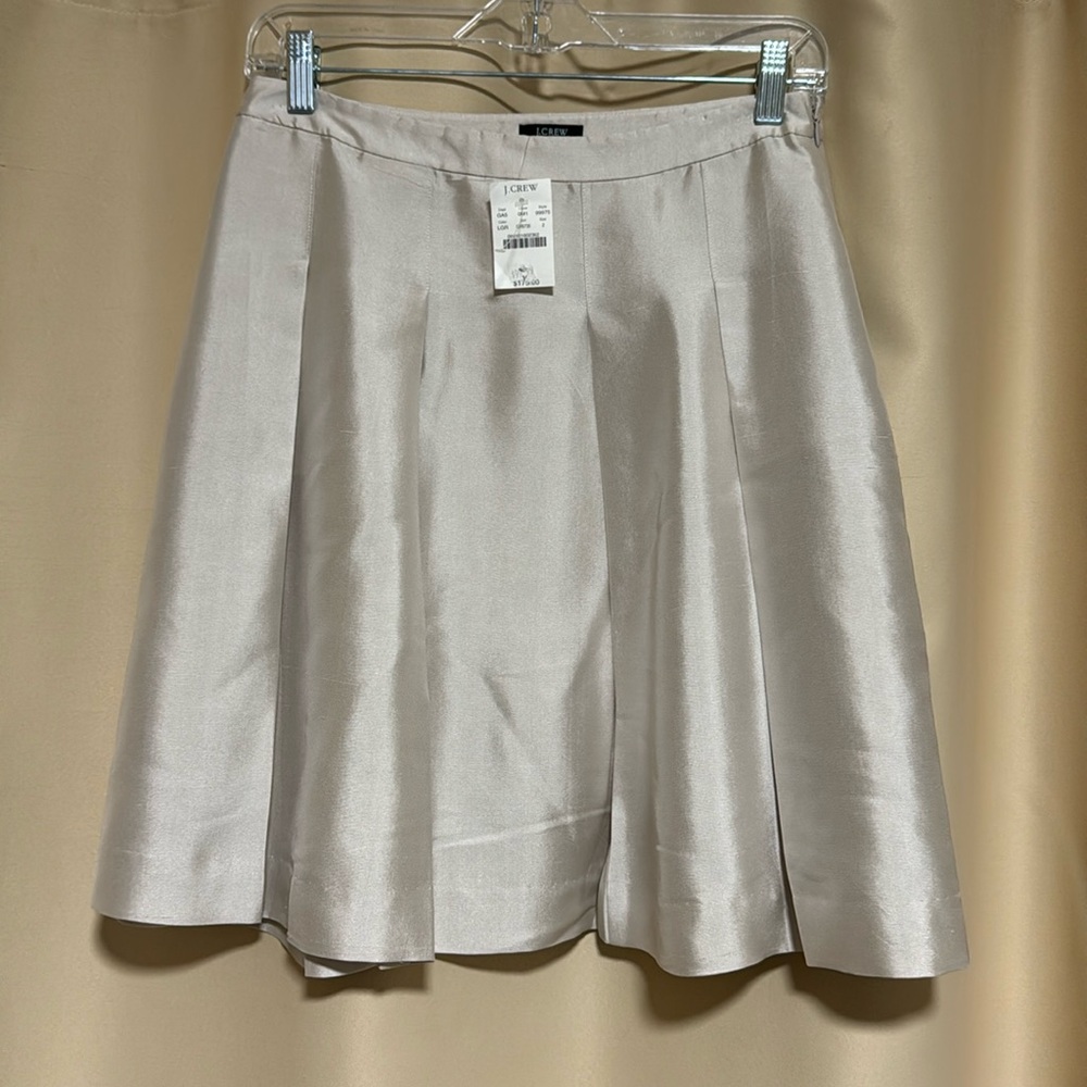 New J Crew 100% Silk Skater Metallic Cream Pleated Skirt in Khaki Size 2
